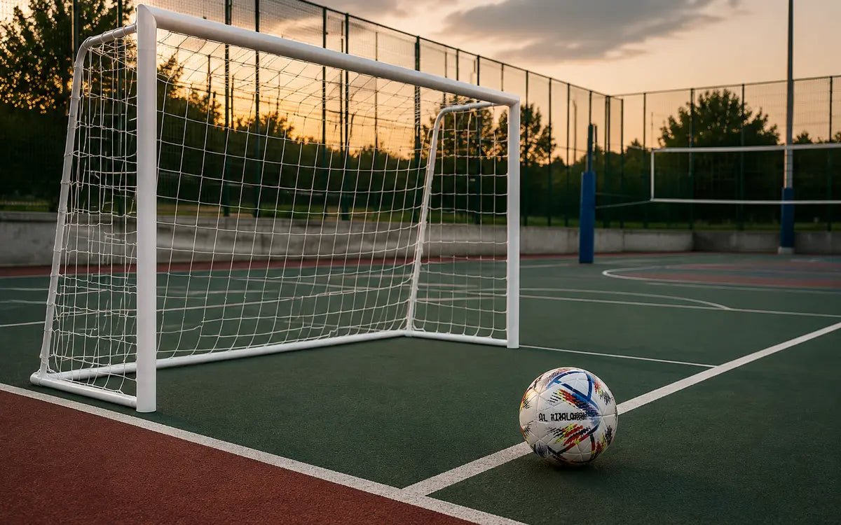 Portería, mallas y escenario deportivo