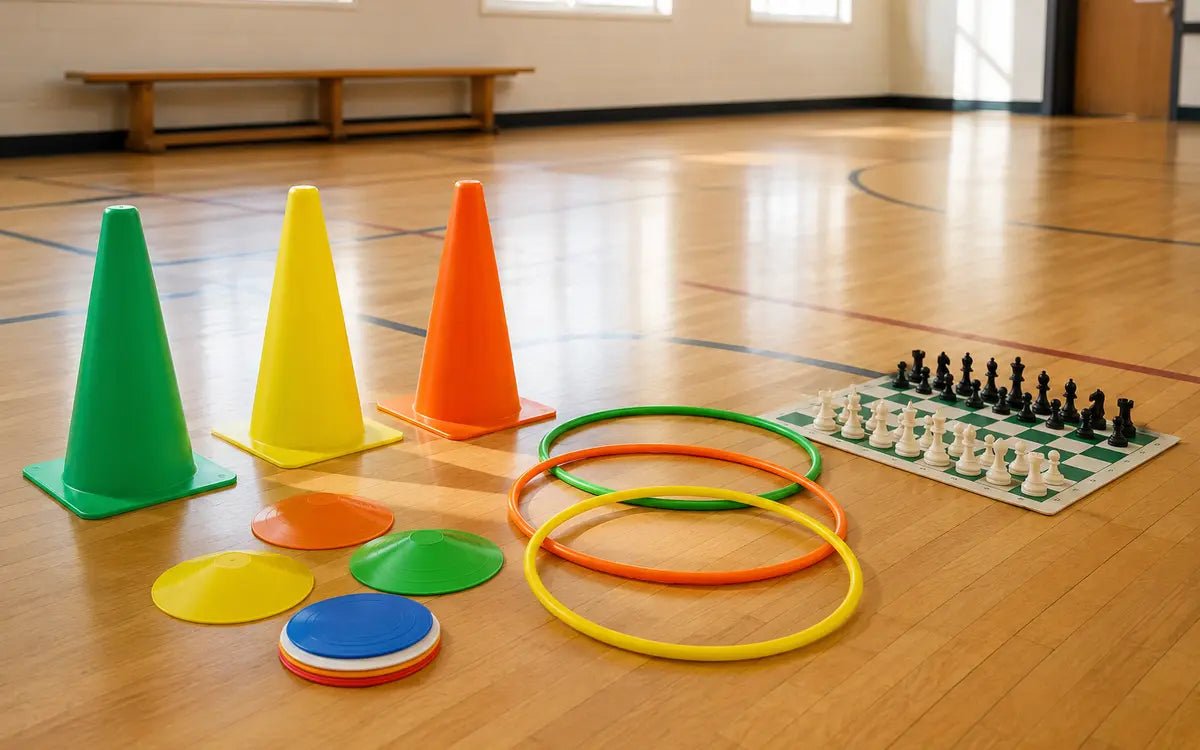 Aros, conos, platillos y ajedrez para educación física y recreación