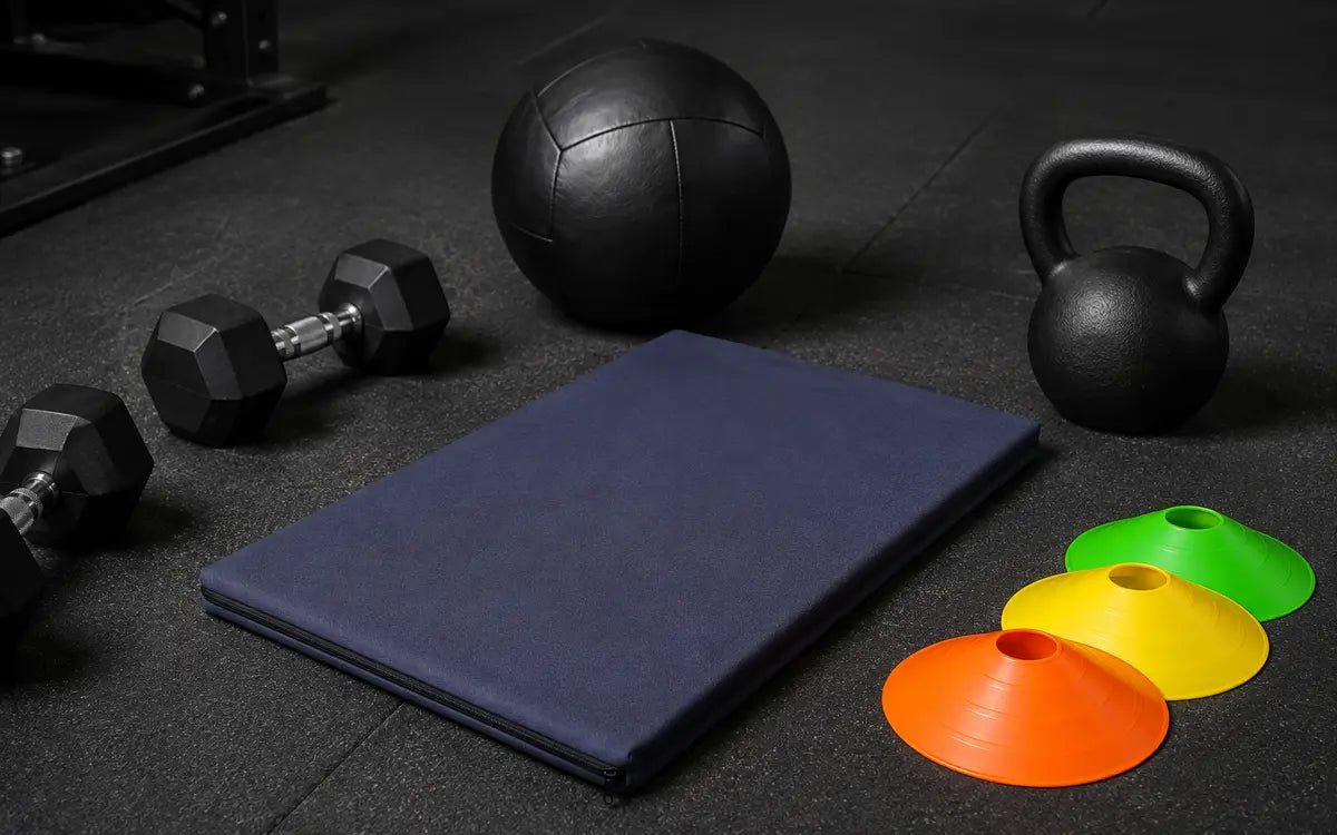Colchoneta, mancuernas, pesa rusa y balón medicinal para fitness